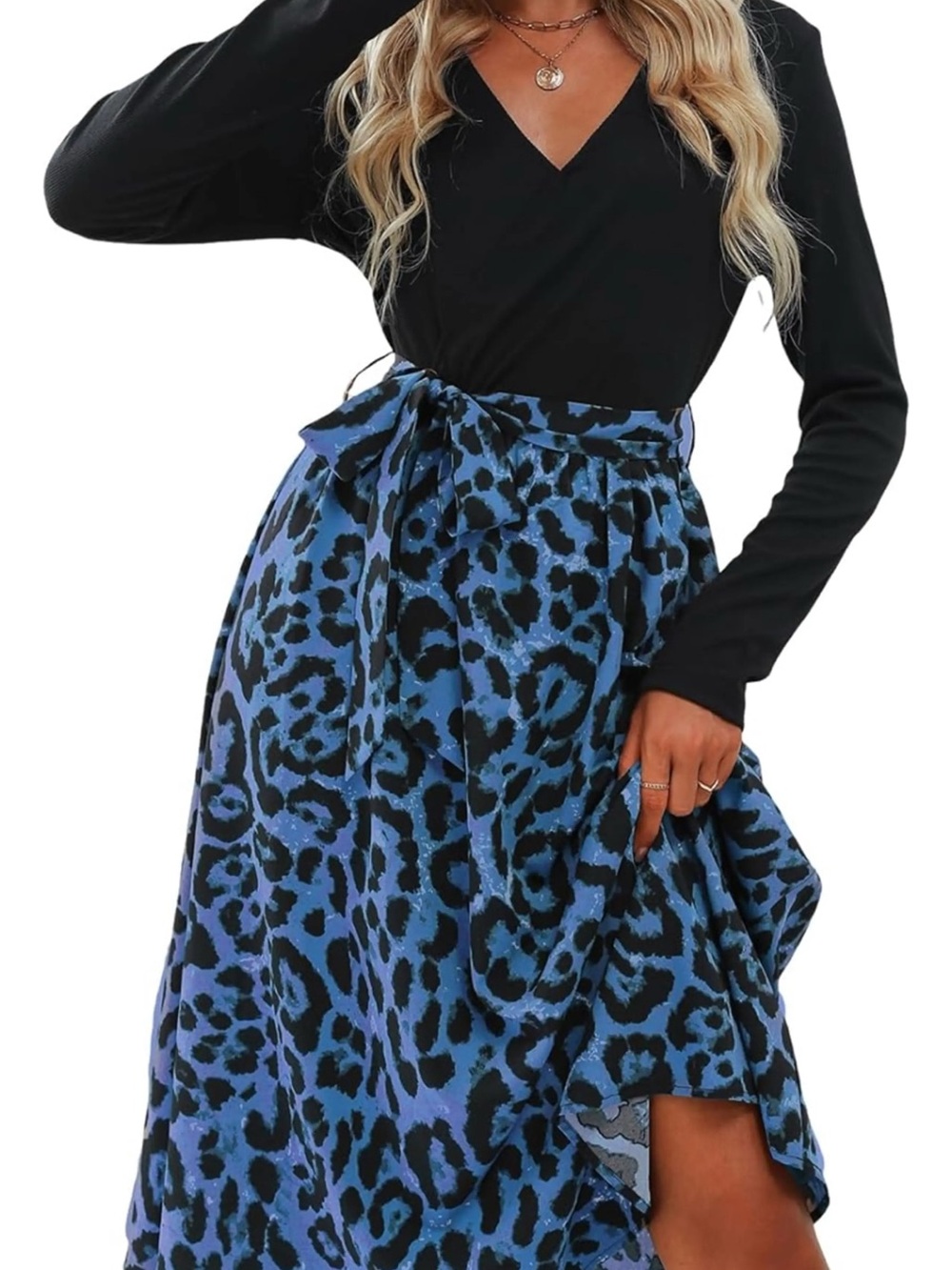 Cupshe‎ Blue Leopard Print High-Low Midi Skirt with Waist Tie